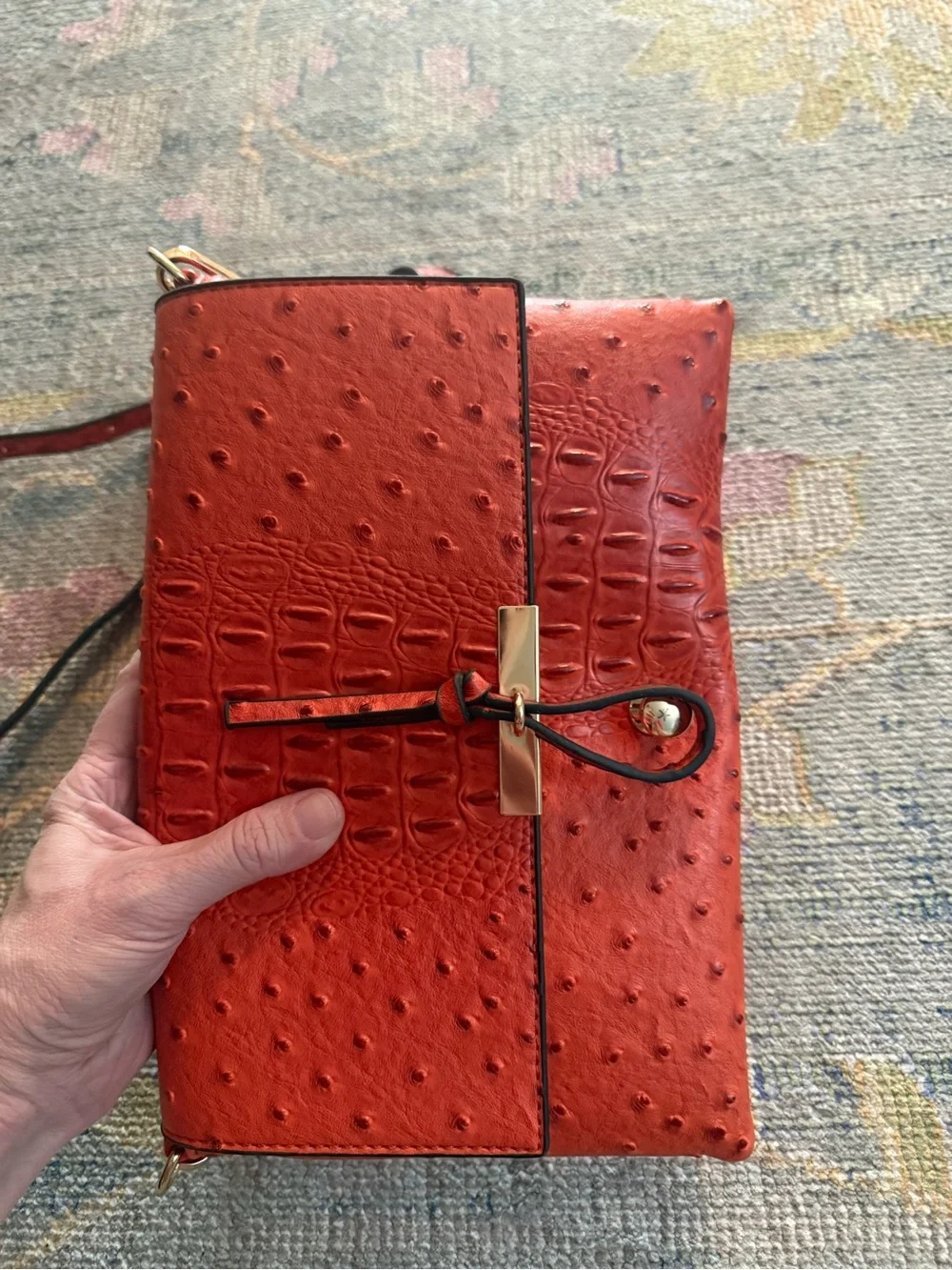 Le Miel Vegan Leather Crossbody |‎ Rust Orange Croc & Ostrich Embossed